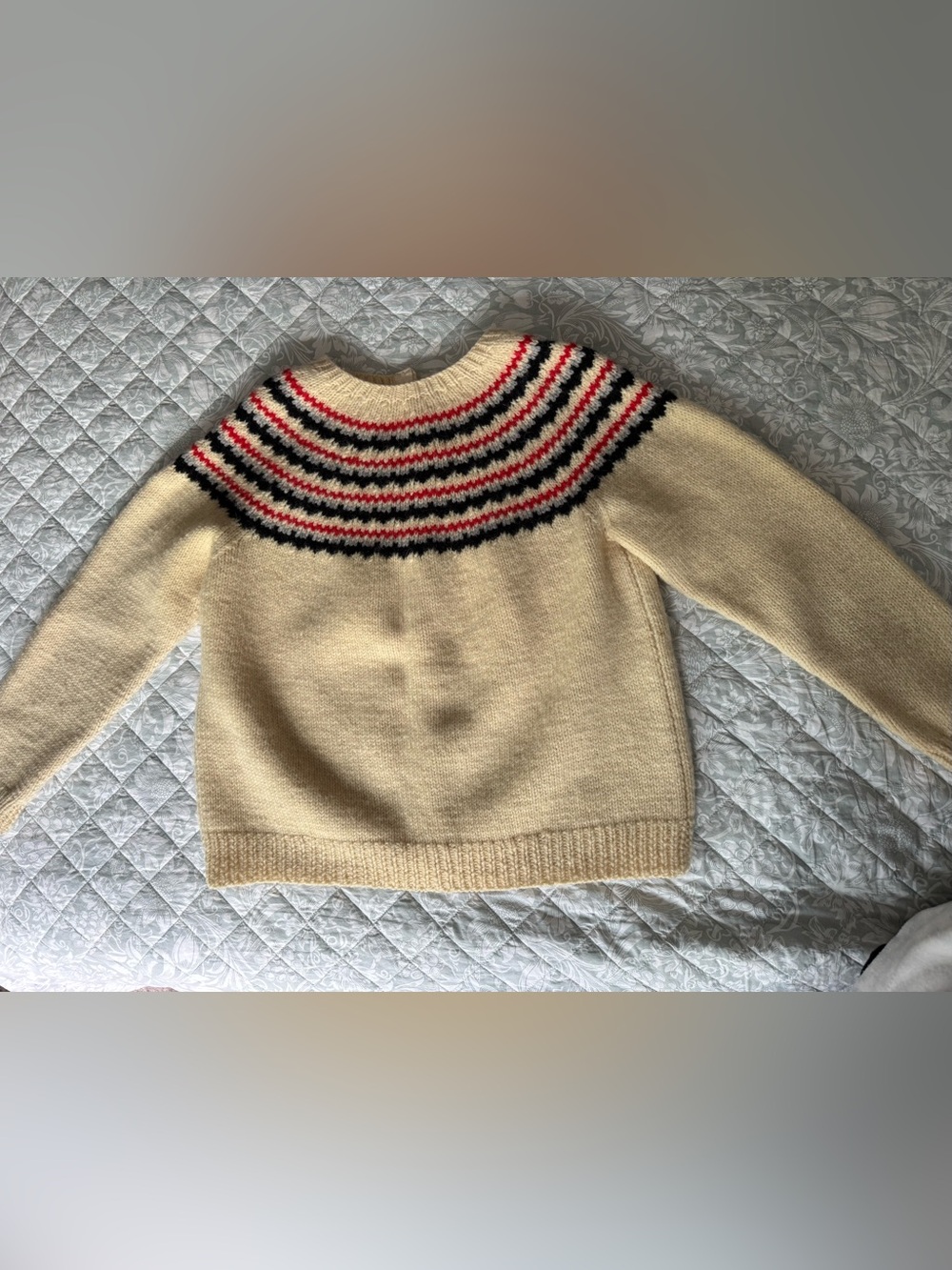 Cream Button Up Cardigan with Black, Gray and Red Stripe Design - Picture 4 of 8